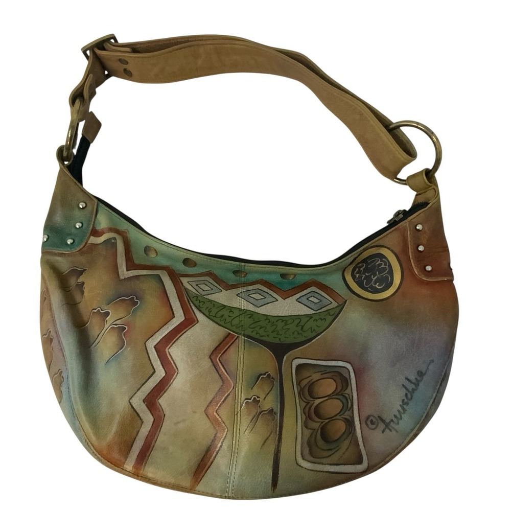 Anuschka Hand Painted Leather Hobo Purse‎ Shoulder Bag Whimsical Artsy Abstract
